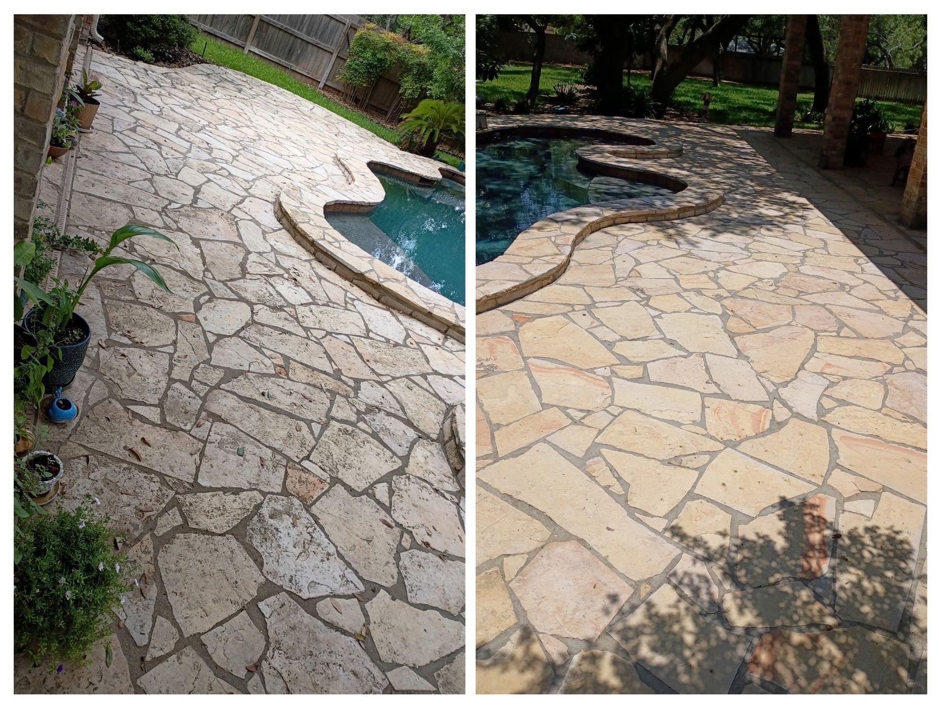 Before and after comparison of a light-colored flagstone pool deck showing significant cleaning of dirt and debris.