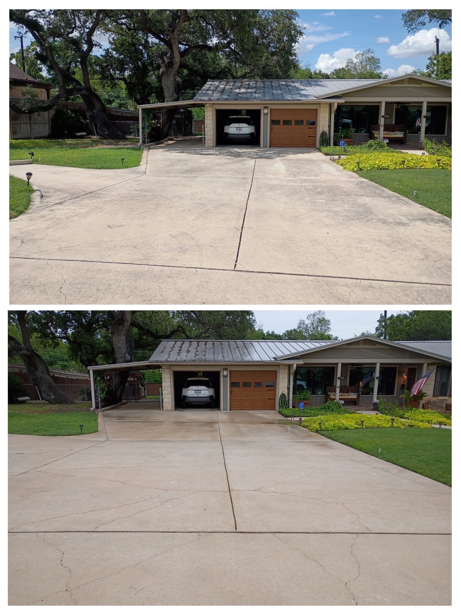 A split-view showing a dirty residential concrete driveway before and after pressure washing.