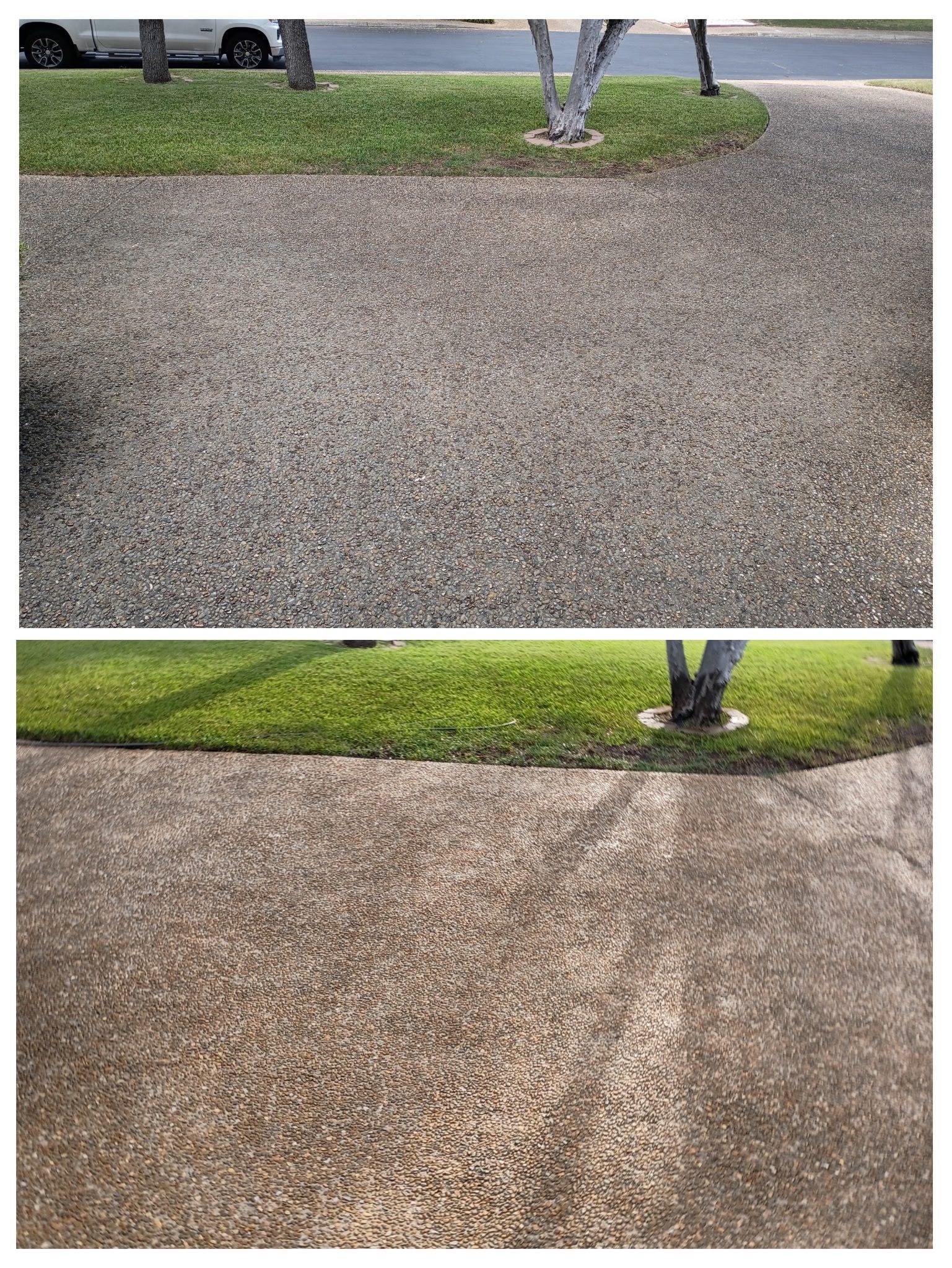 A split-screen comparison shows a dirty aggregate concrete driveway before and after a cleaning.