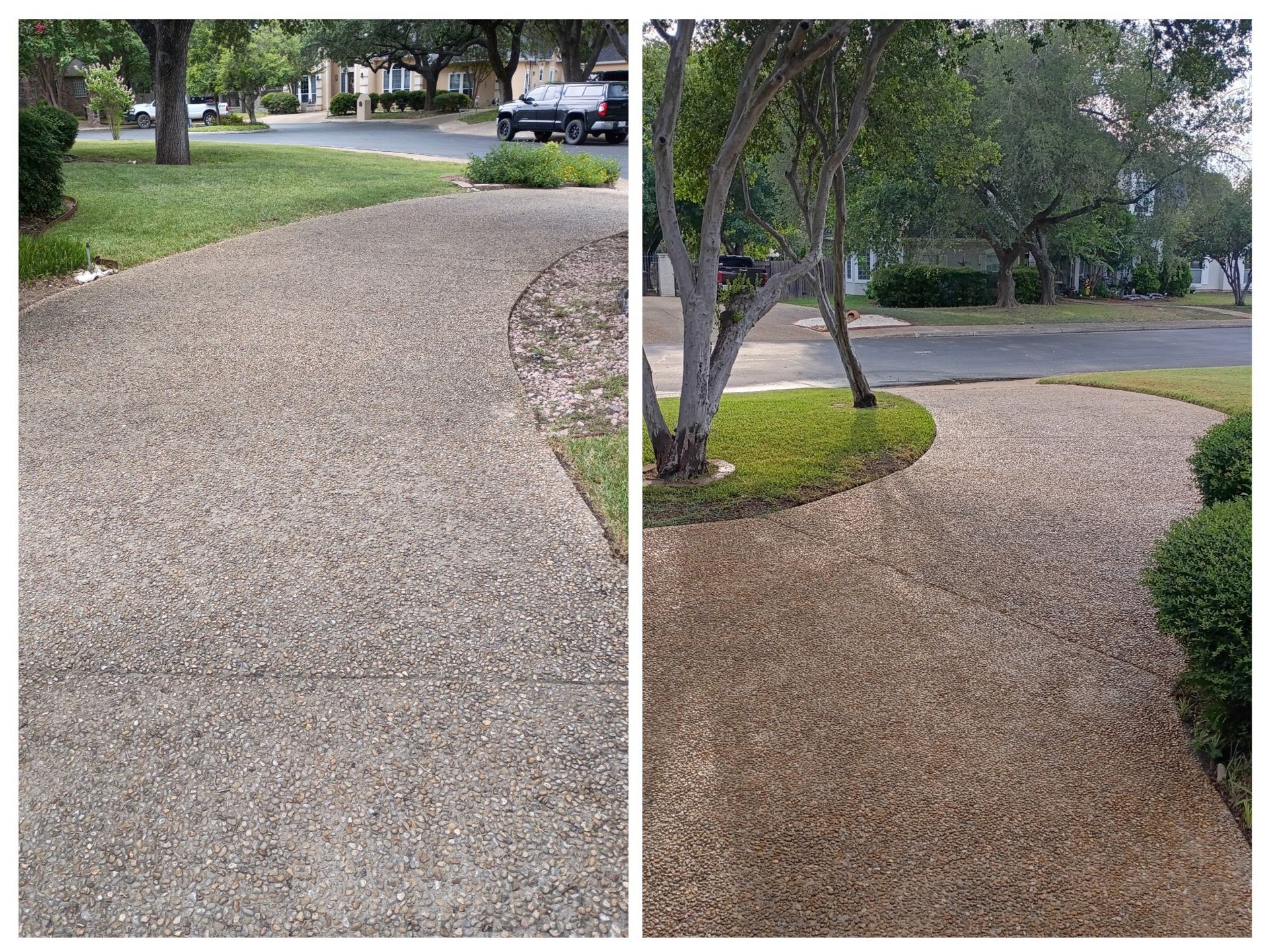Before and after comparison of a concrete driveway surface cleaned of dirt and organic growth.
