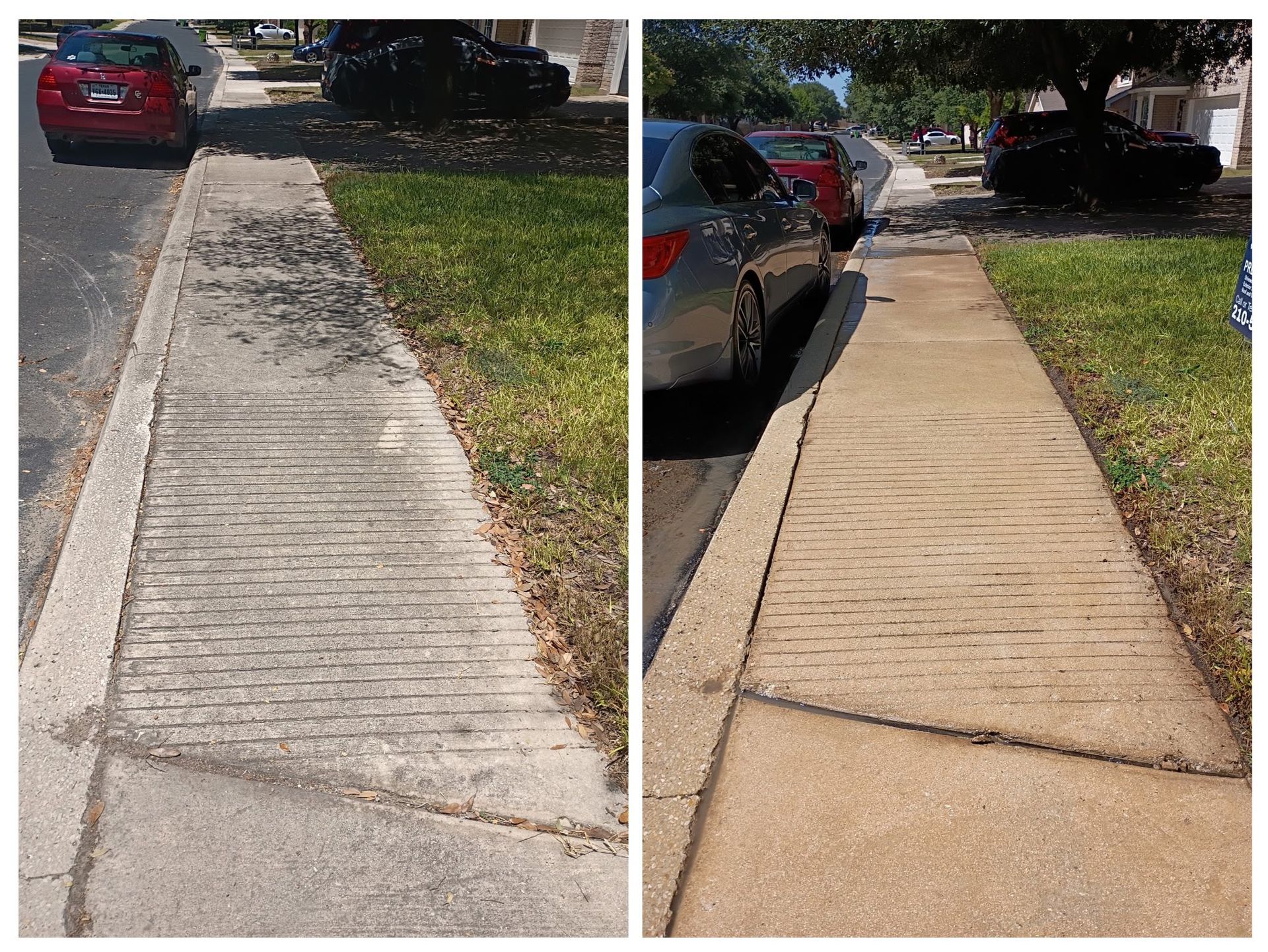 A split-screen view showing a dirty concrete sidewalk before cleaning on the left and cleaned after pressure washing.