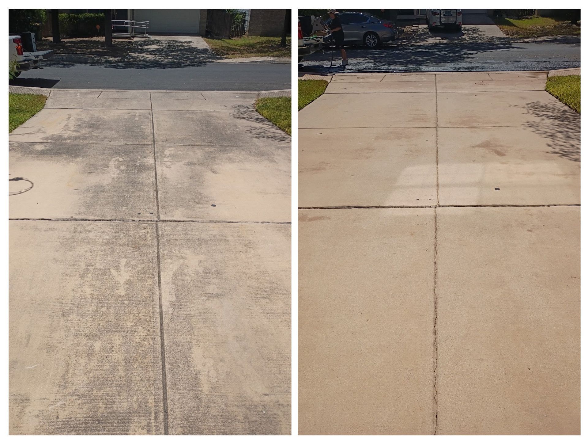 A side-by-side comparison of a concrete driveway before and after pressure washing.