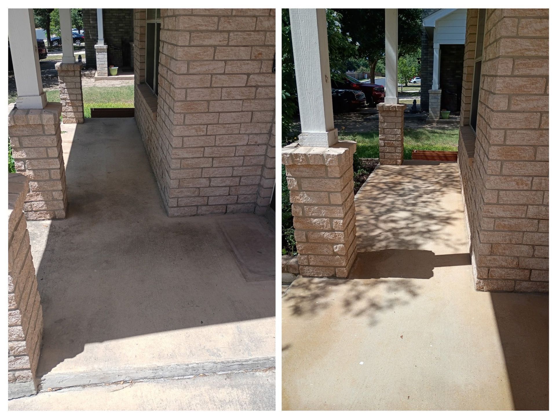 Before-and-after photos of a brick porch being cleaned, showing a contrast between dirty and clean concrete.