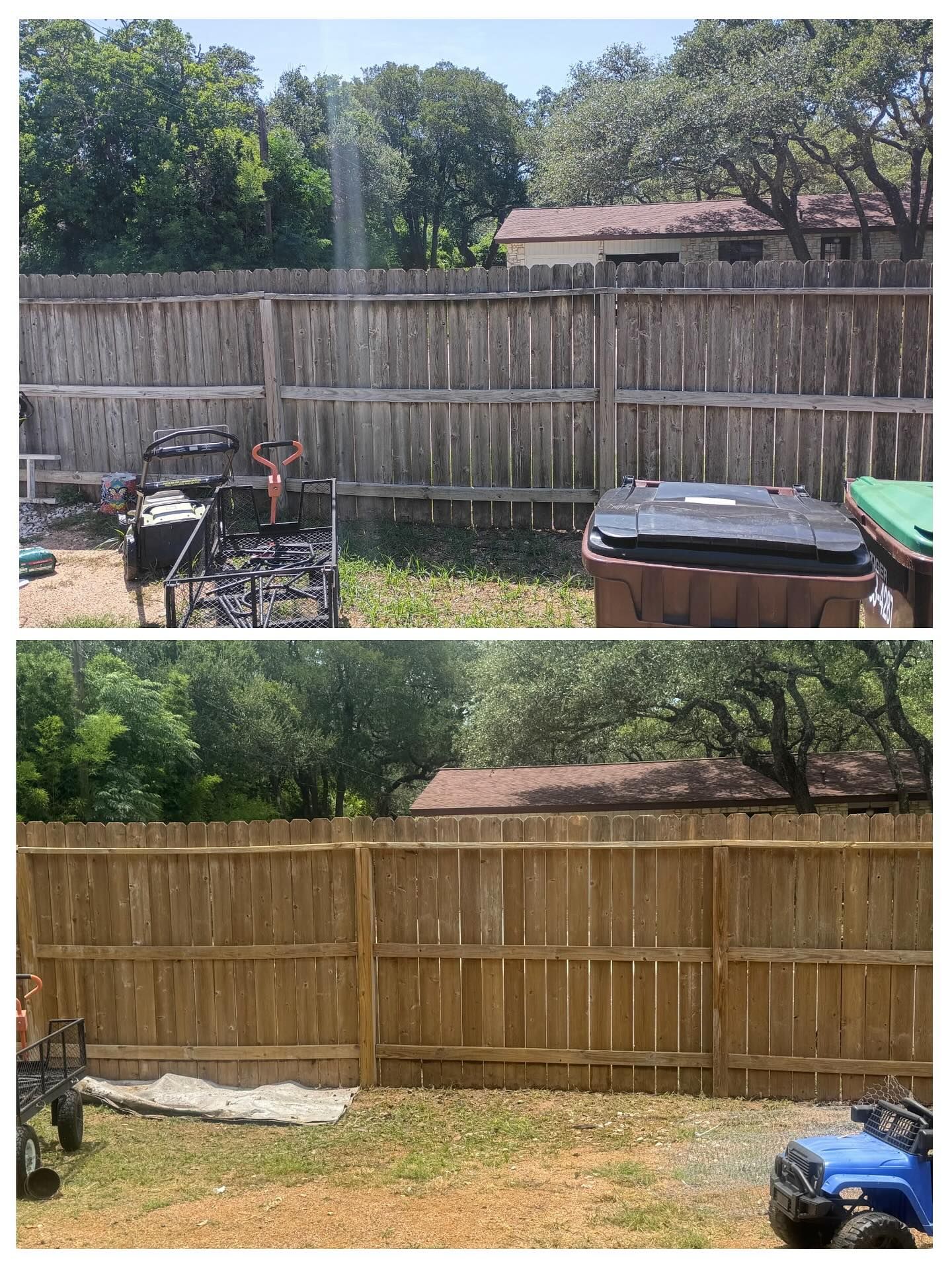 Before-and-after comparison showing a wooden fence cleaned and restored to a brighter, warmer tone.