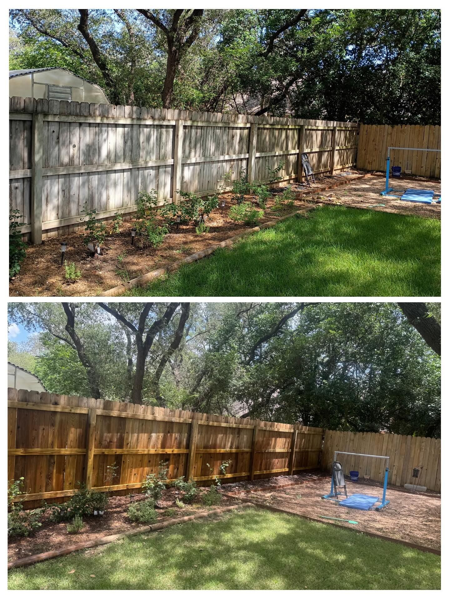Before and after view of a wooden fence stained from a faded, weathered gray to a rich, warm brown tone.