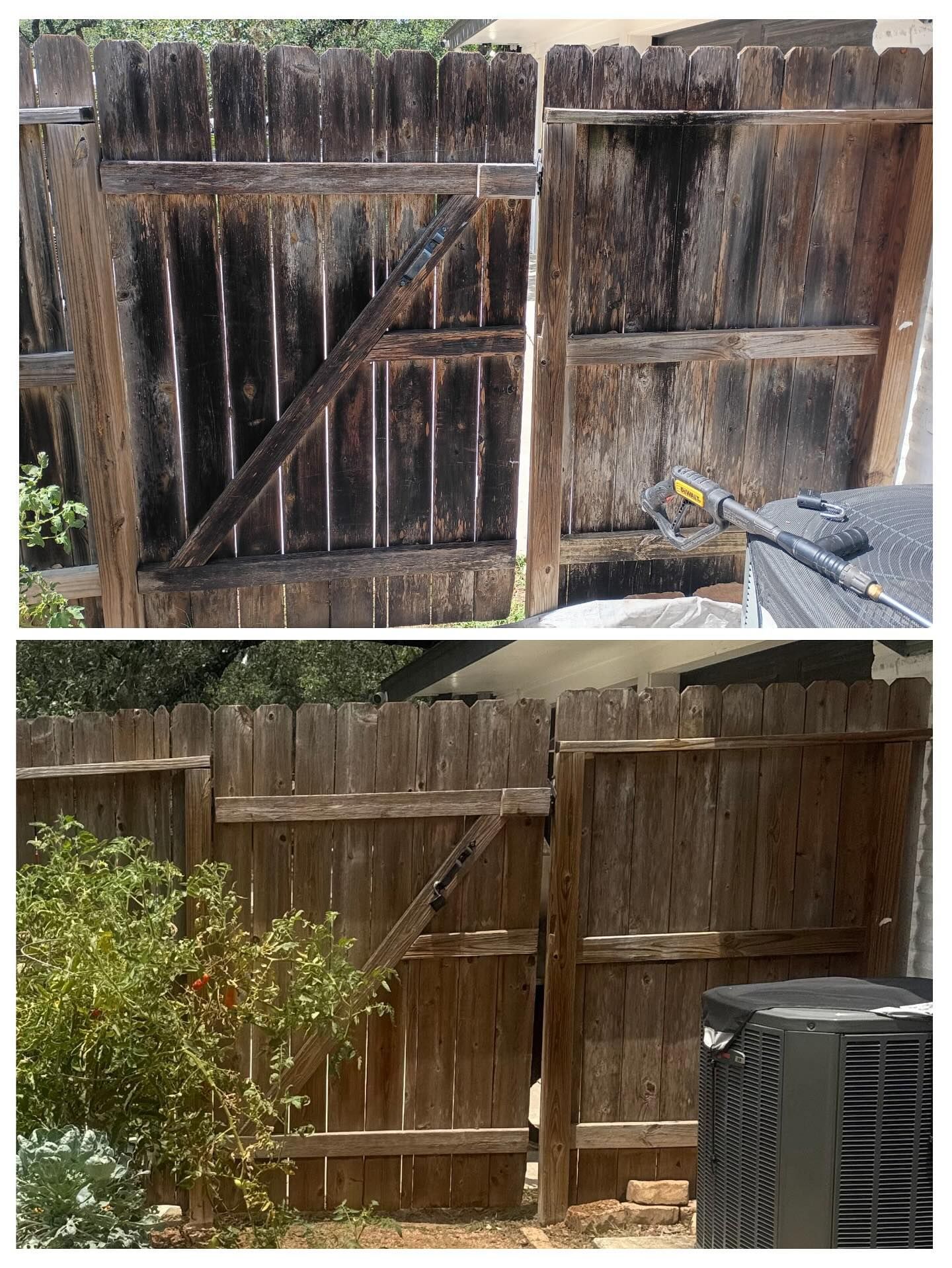 A two-part image showing a weathered wooden fence before and after being pressure washed.