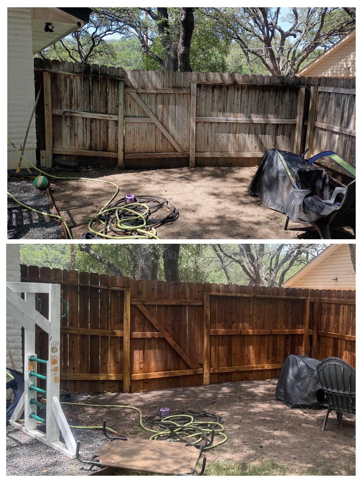 Before and after photos of a backyard wooden fence, showing a transition from weathered, grey wood to a dark brown stain.