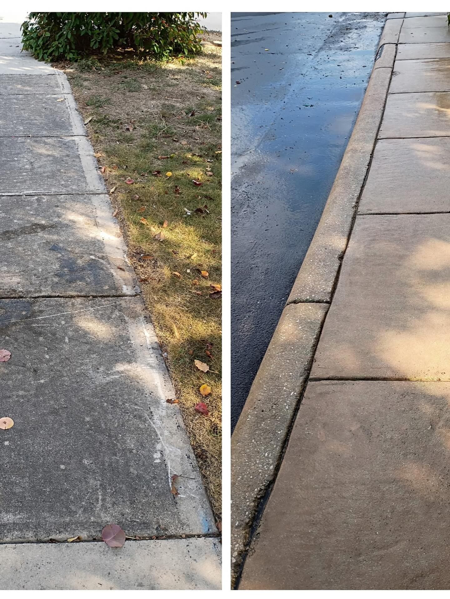 Split image showing a dirty concrete sidewalk before and after pressure washing.