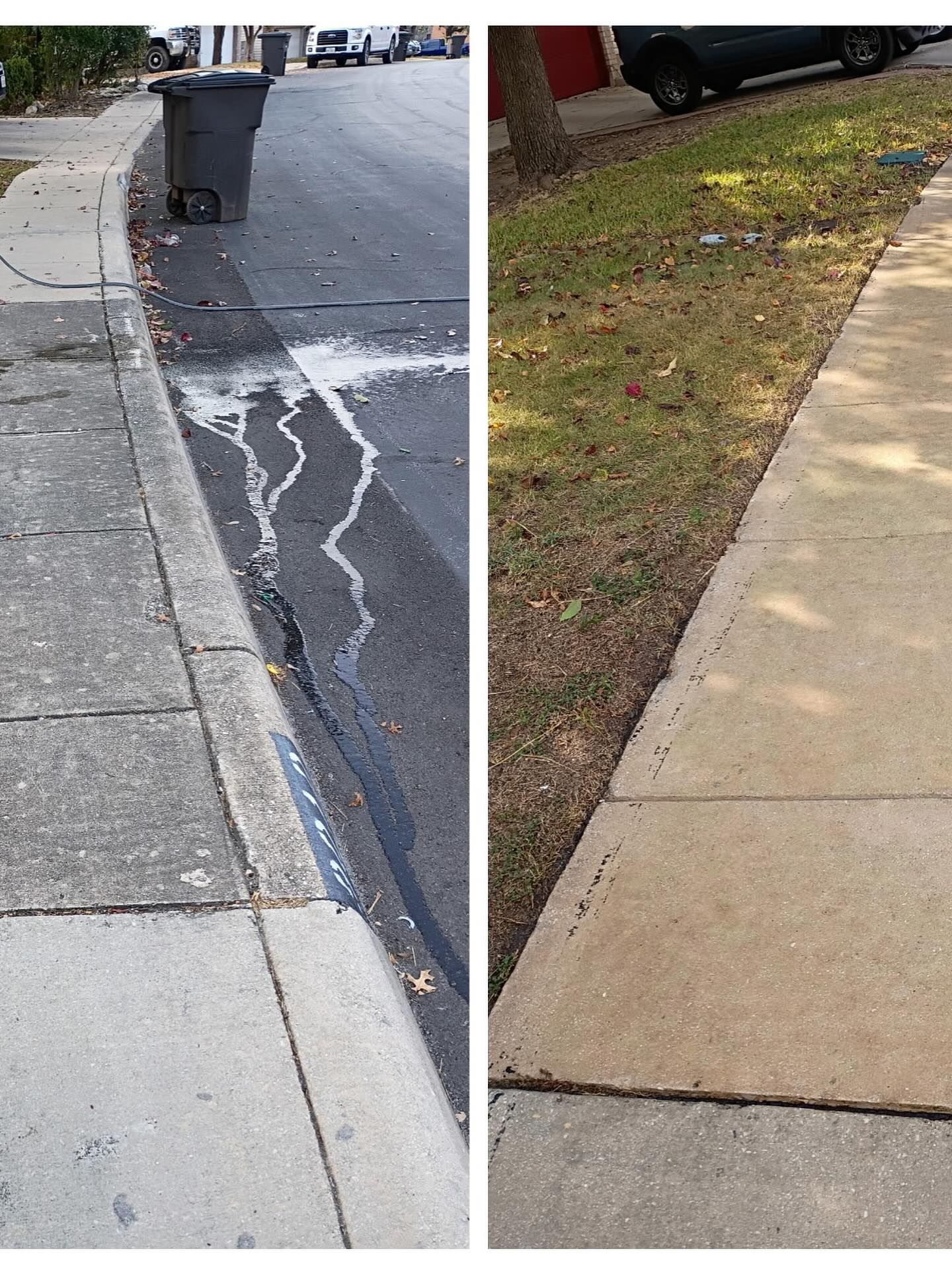 A split-view showing a trail of white liquid spilled on an asphalt street next to a sidewalk and grassy verge.