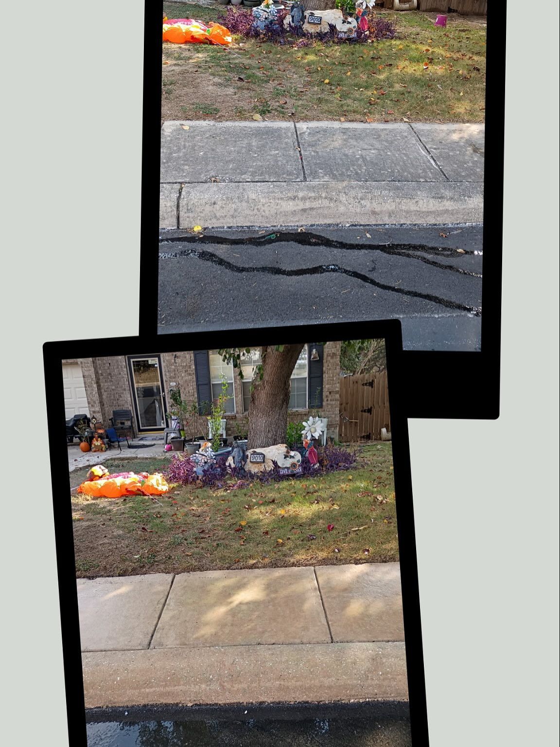 Two photos showing a front yard decorated with pumpkins and seasonal decor for Halloween.