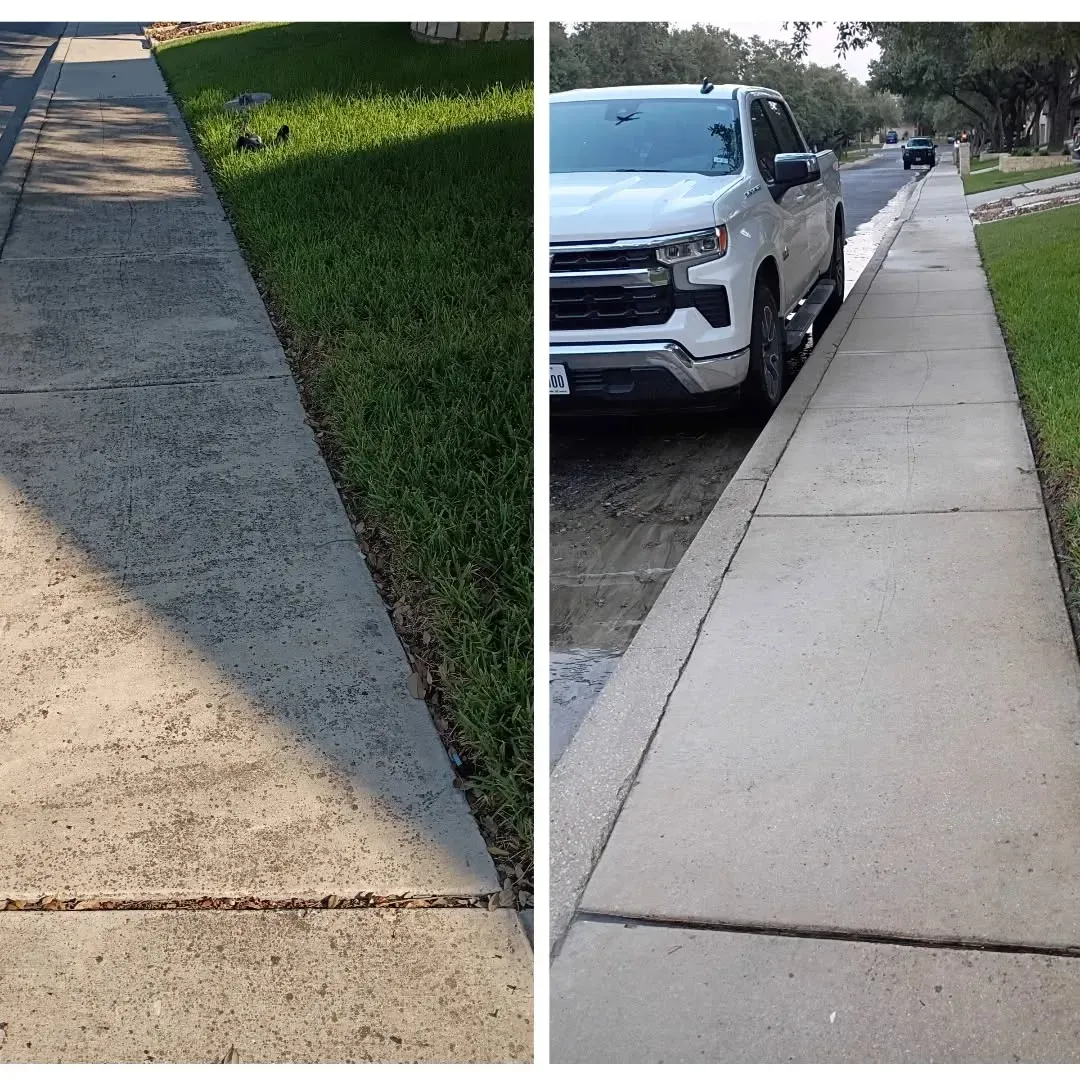 A split-screen comparison of a sidewalk before and after pressure washing, showing a dirty surface vs. a clean one.