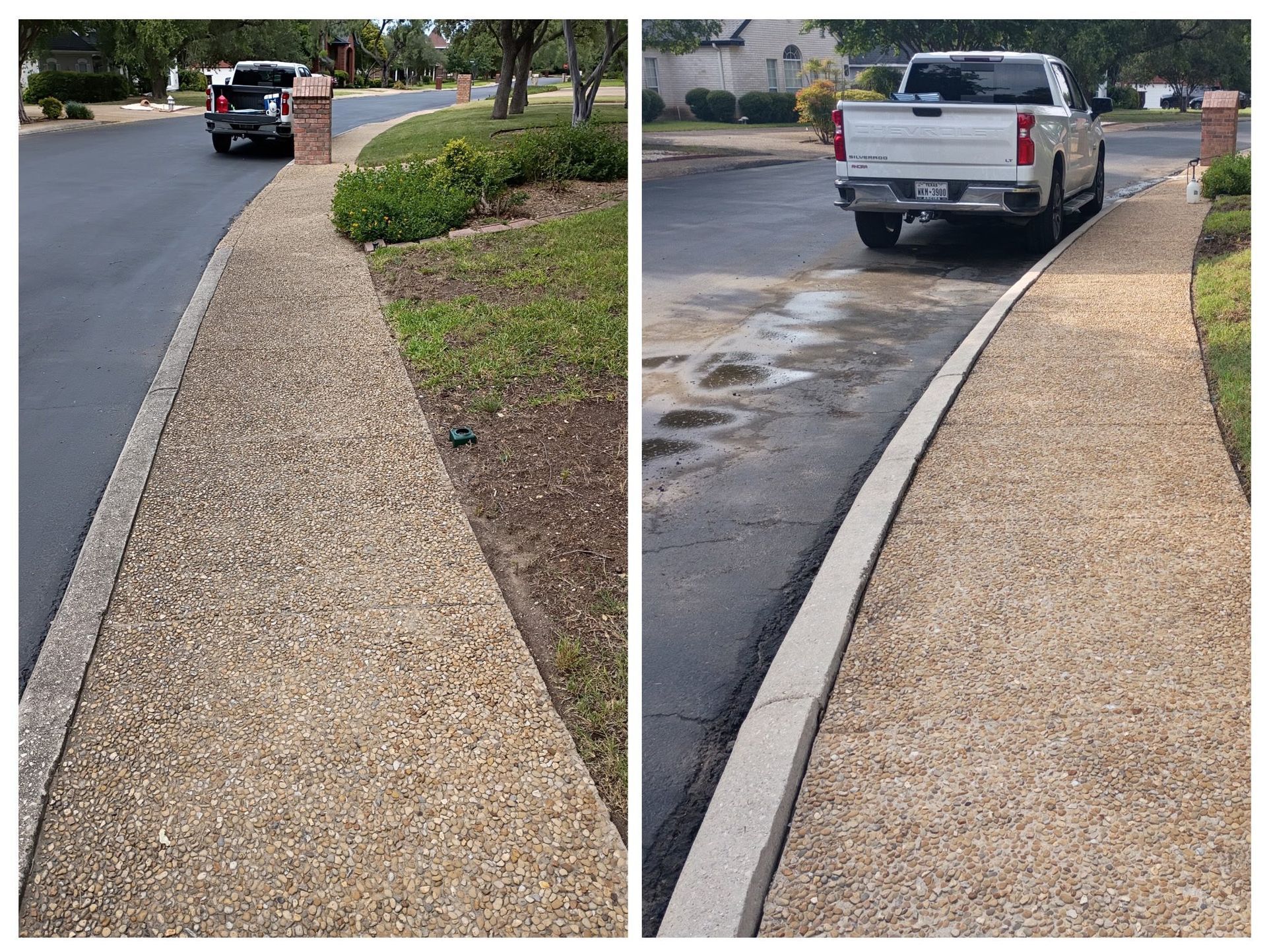 Side-by-side view of a gravel sidewalk next to an asphalt road, showing a white pickup truck parked nearby.