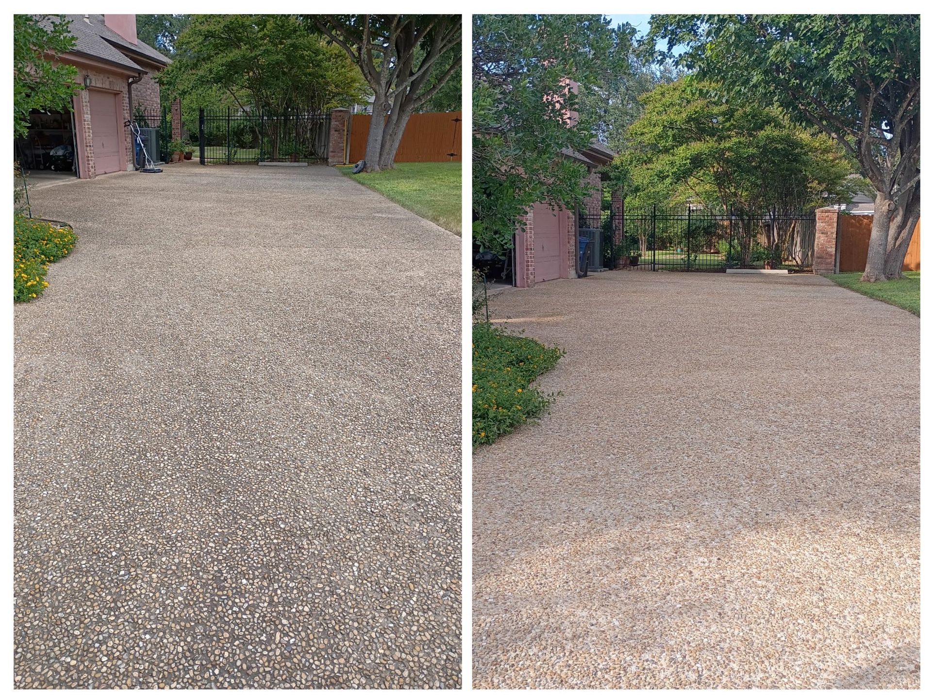 A side-by-side comparison of a gravel driveway before and after professional cleaning.