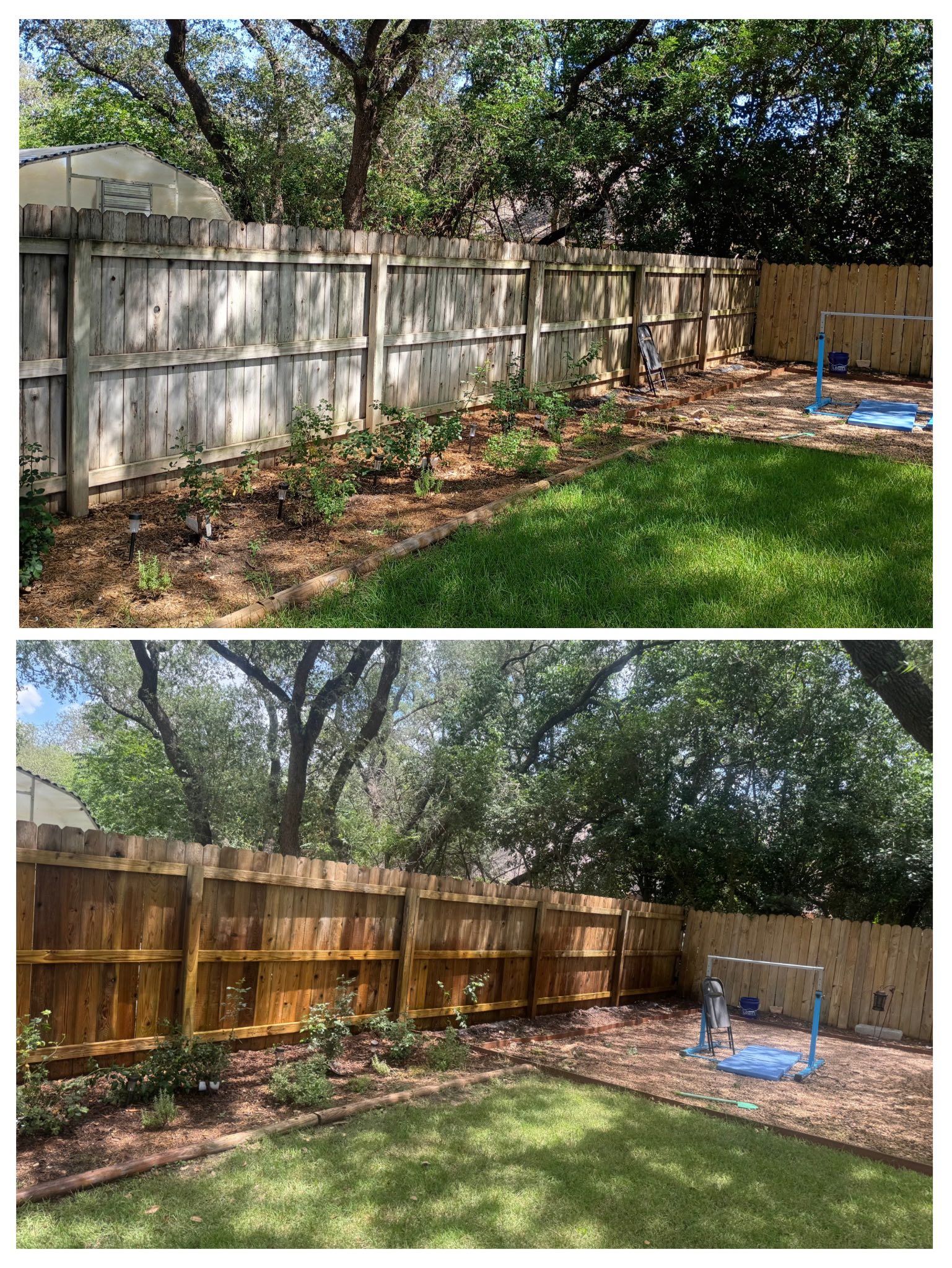 Before and after comparison of a backyard wooden fence stained from a weathered gray to a warm, rich brown.