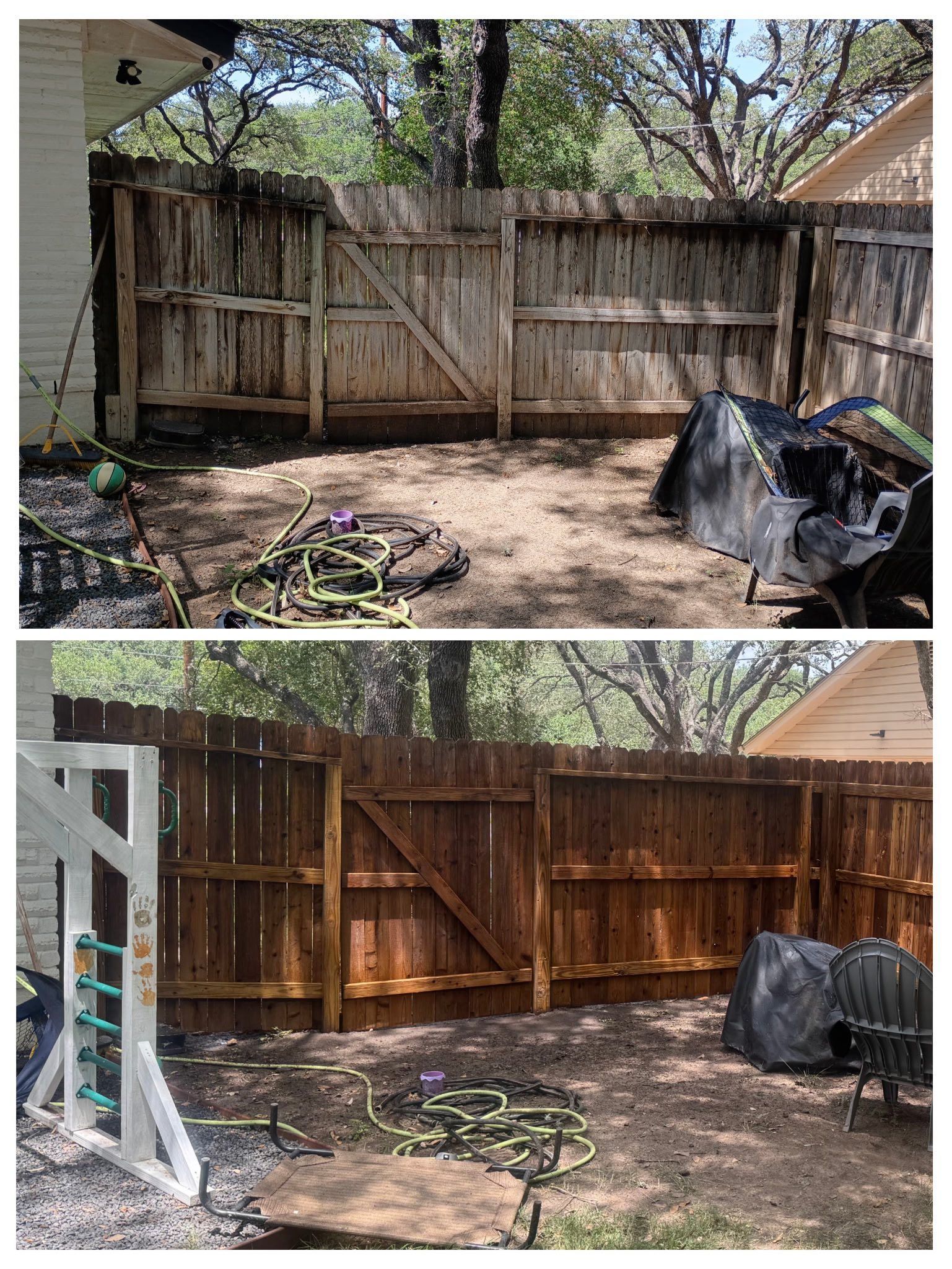 Before and after comparison of a wooden backyard fence that has been cleaned and freshly stained a rich brown.