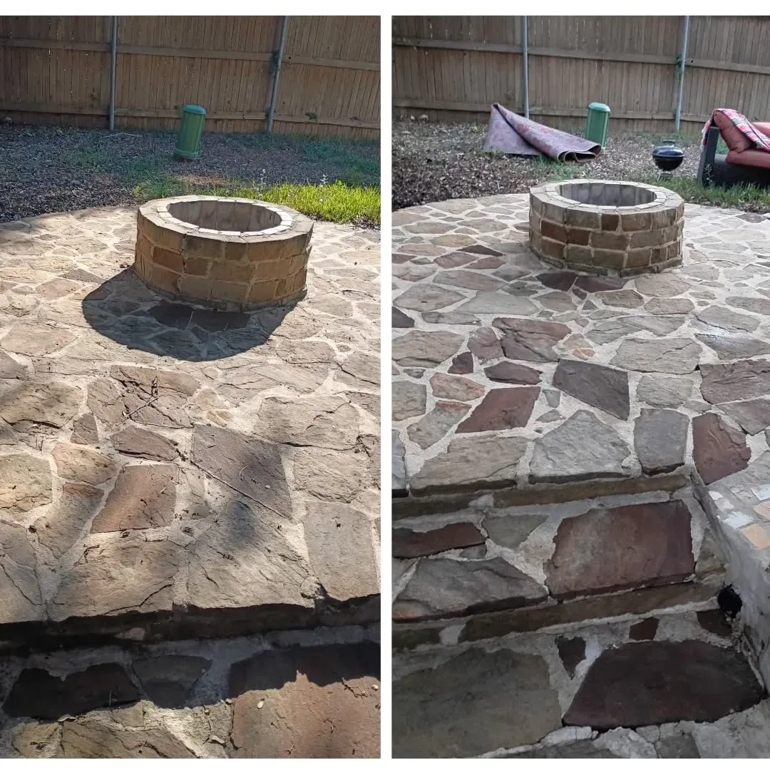 Before-and-after photos of a stone patio and fire pit being cleaned in a backyard.