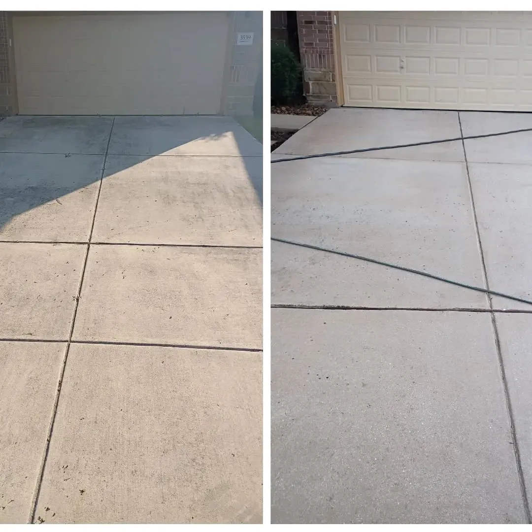 Before and after comparison of a concrete driveway being cleaned, showing a brighter, cleaner surface on the right.