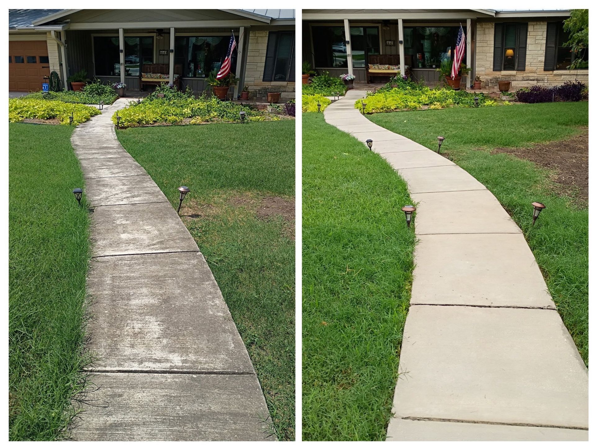 A split-screen comparison showing a dirty concrete walkway before power washing on the left and clean concrete on the right.
