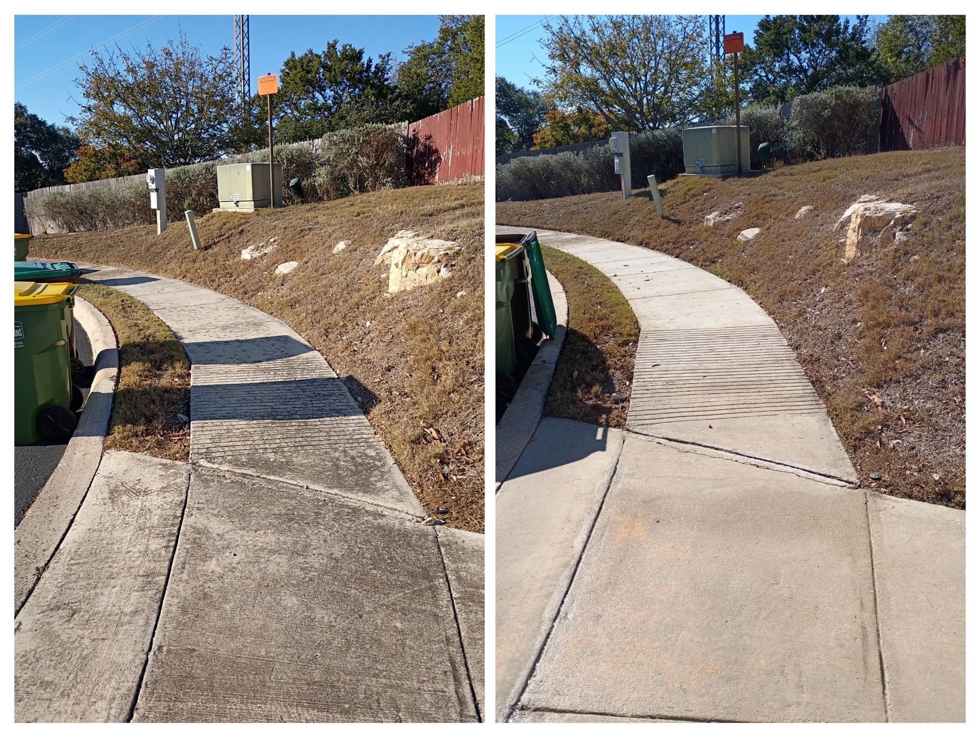 Side-by-side comparison showing a dirty concrete sidewalk before and after professional pressure cleaning.