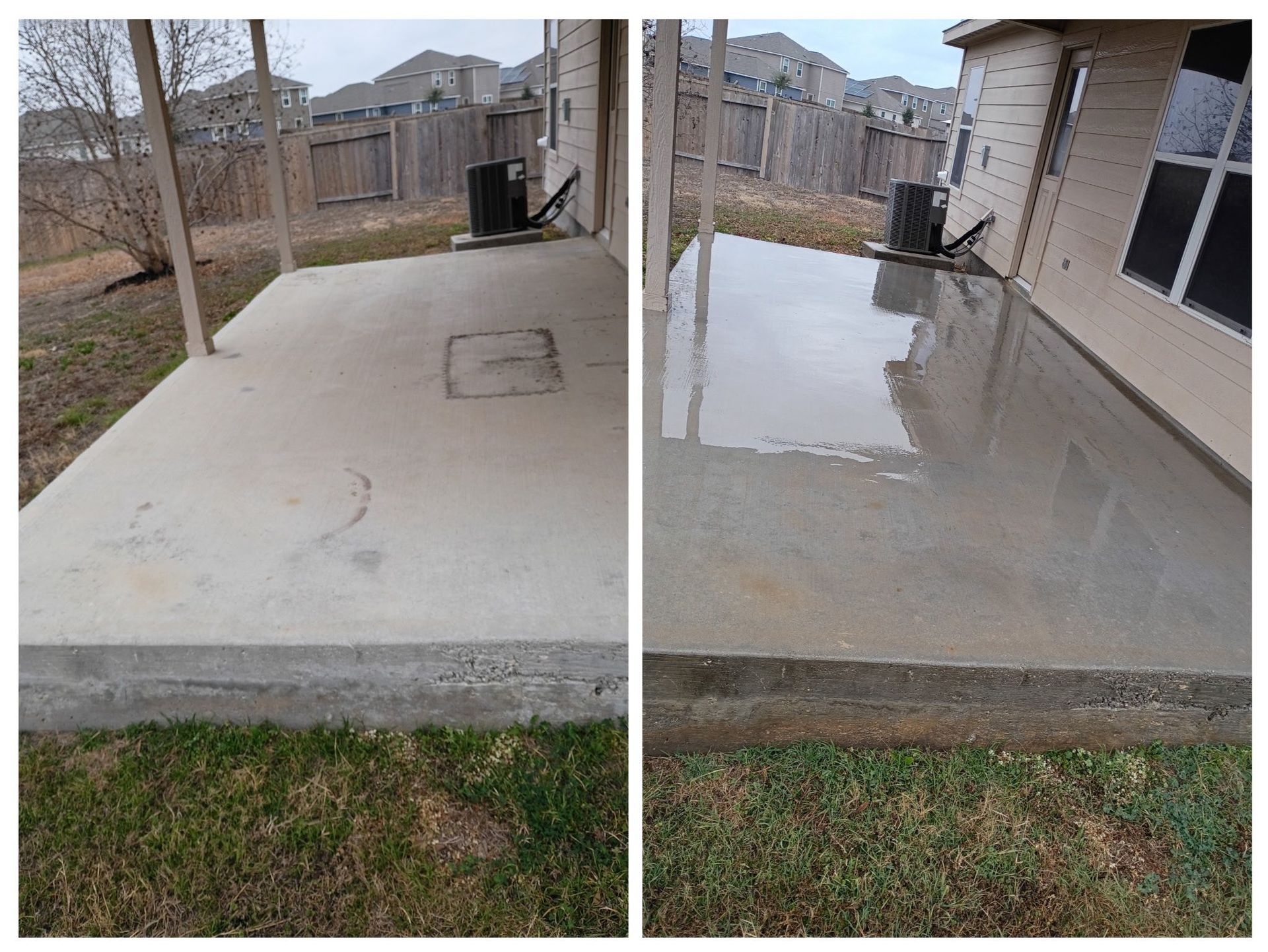 Before and after view of a residential concrete patio being pressure washed, showing a clean, wet surface.