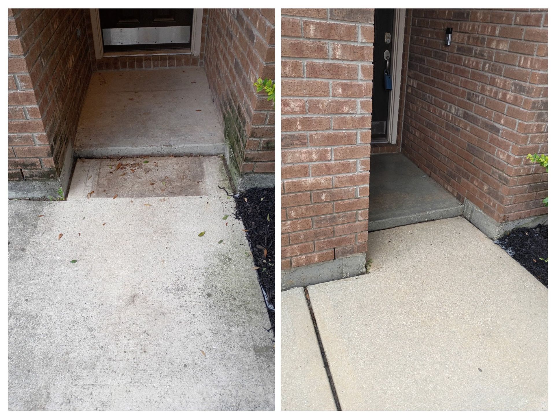 A before and after comparison of a brick entryway and concrete walkway, showing the results of professional cleaning.