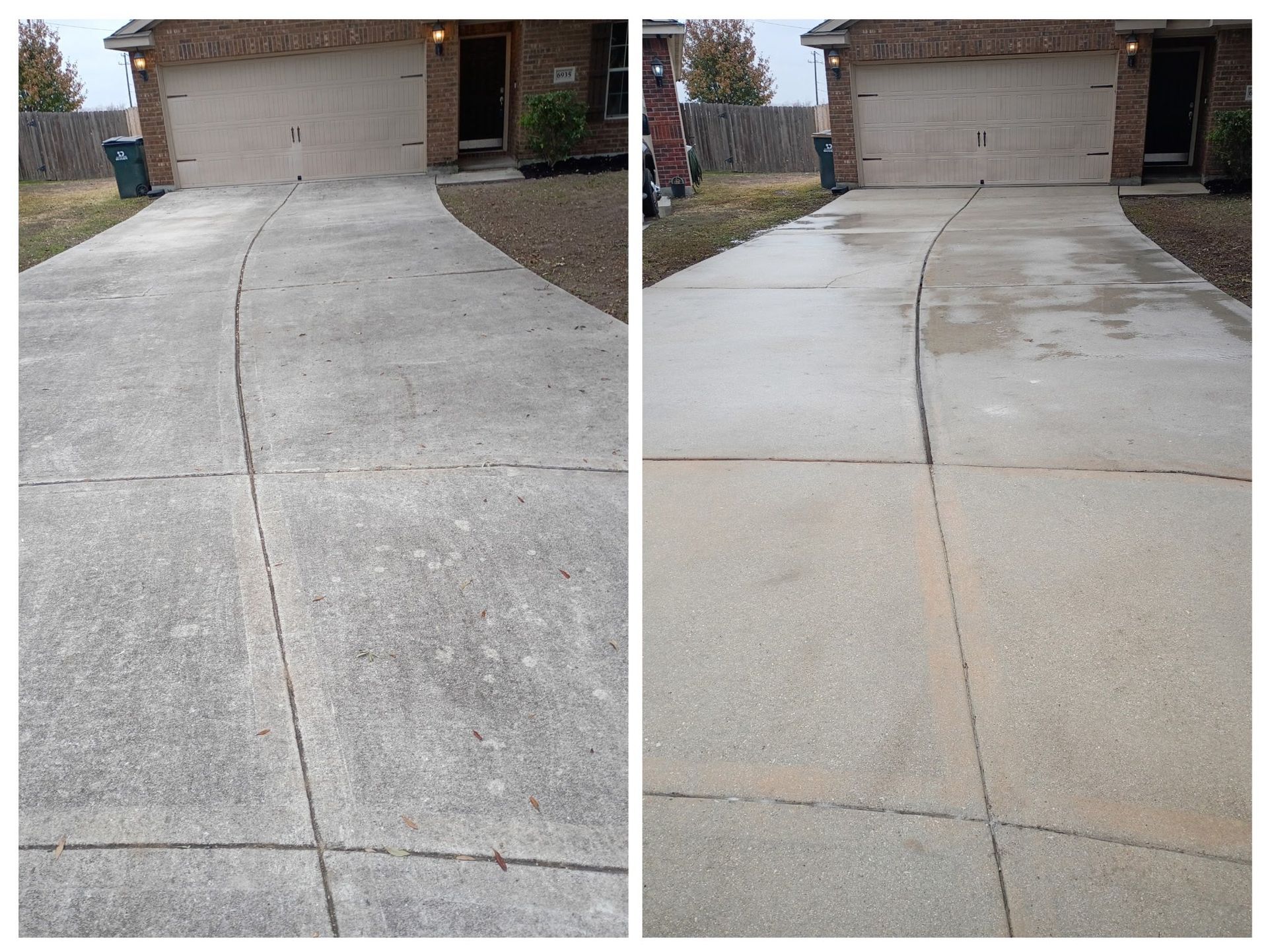 A split-screen comparison of a residential driveway before and after professional pressure cleaning.