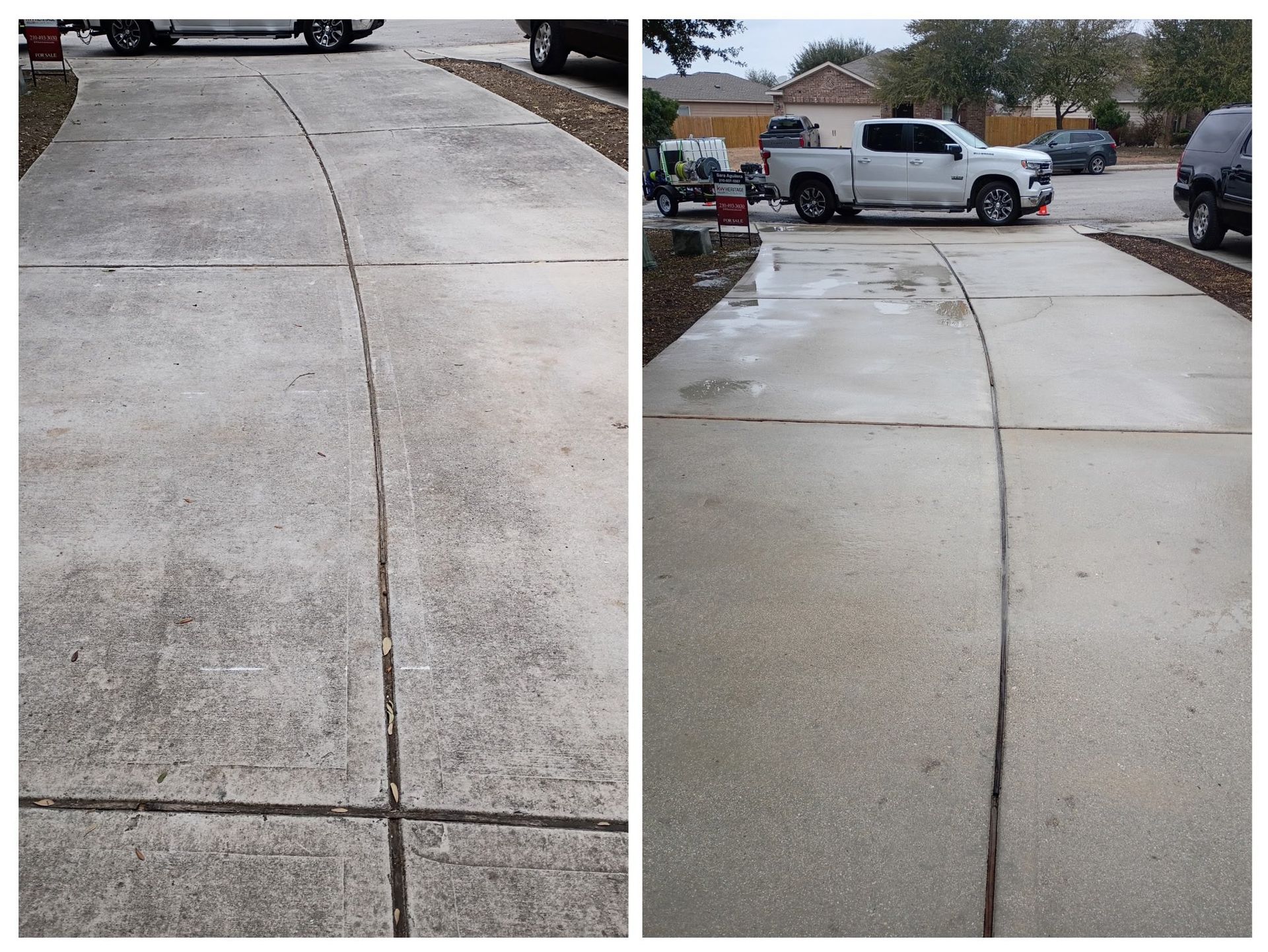 Side-by-side comparison of a concrete driveway before and after pressure washing.