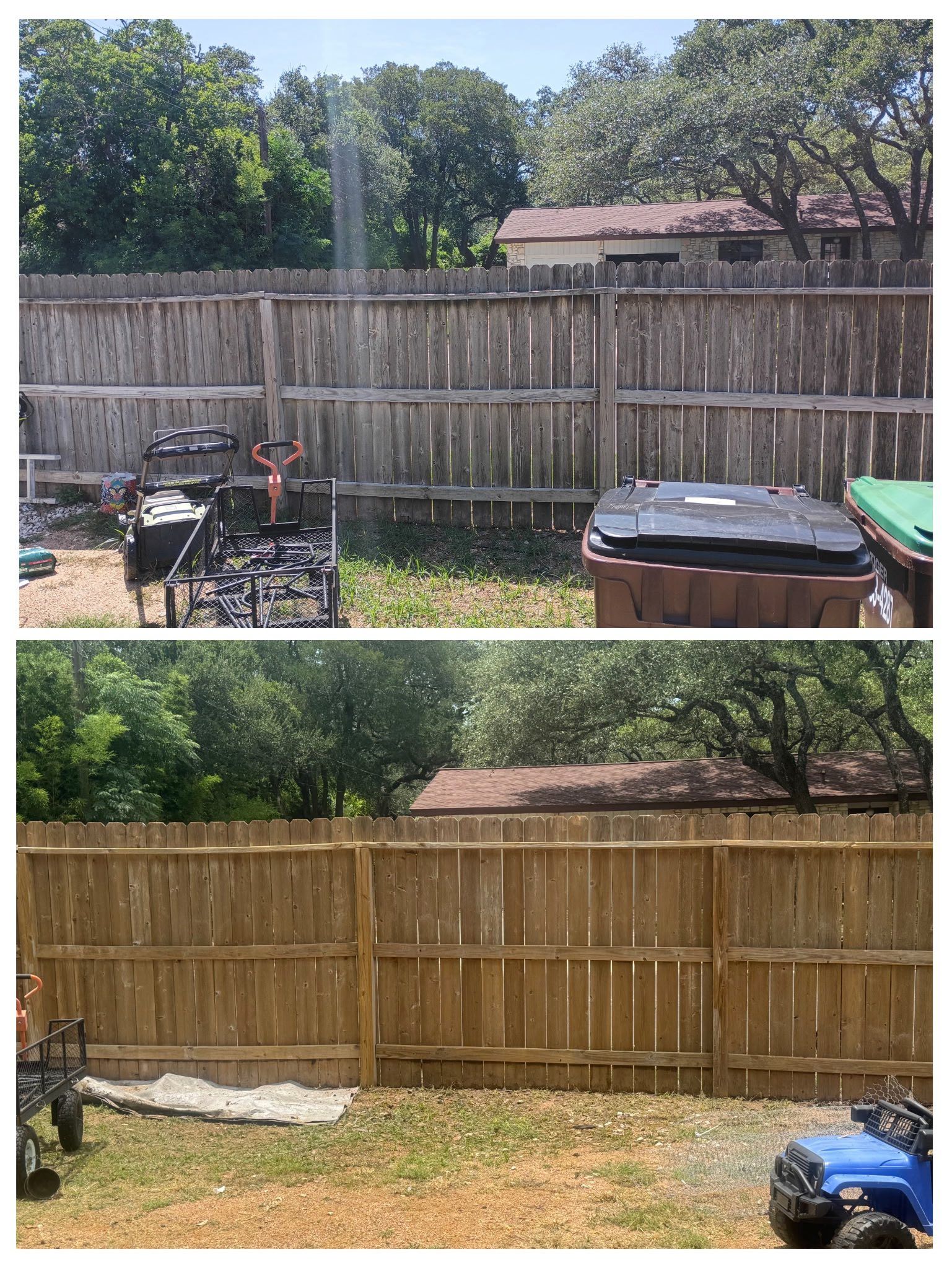 Before-and-after comparison of a backyard wooden fence showing the results of cleaning or restoration.