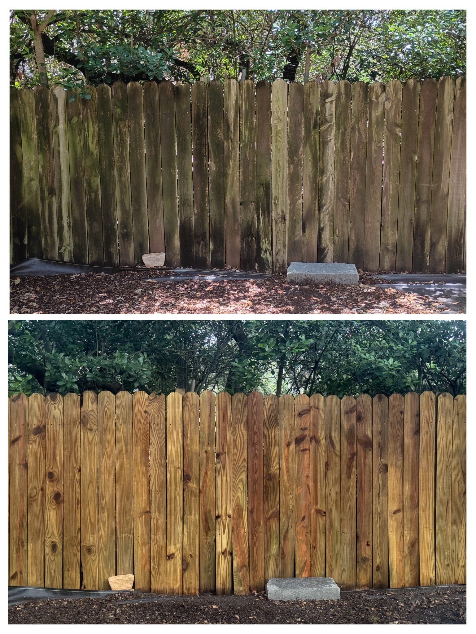 A before-and-after comparison of a weathered wooden fence being cleaned and restored to a natural, bright brown finish.