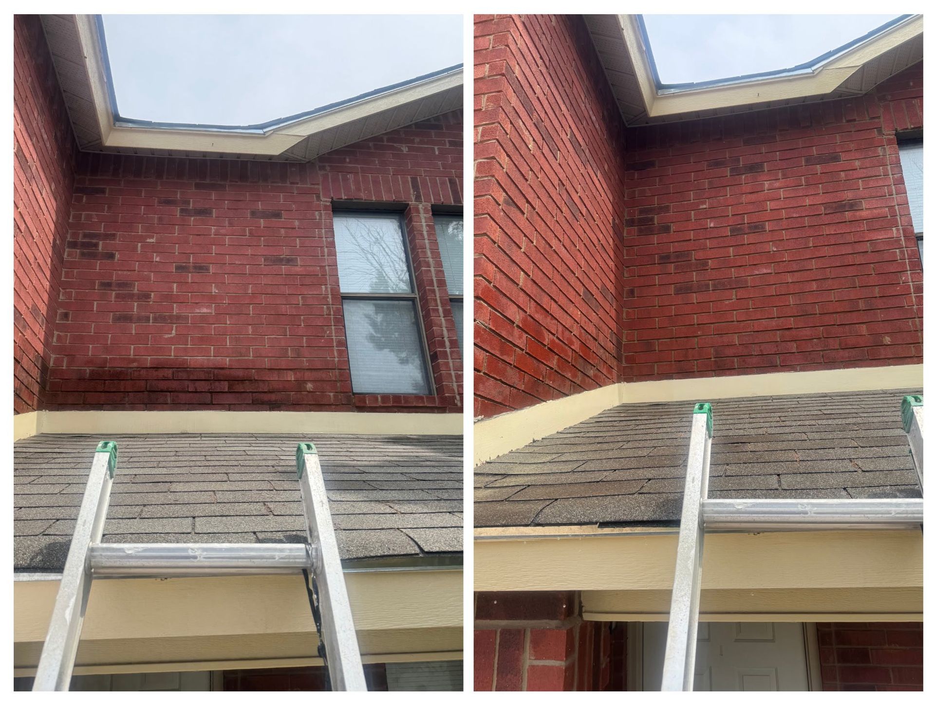 Before and after comparison of a brick wall and roof section showing effective cleaning and stain removal.