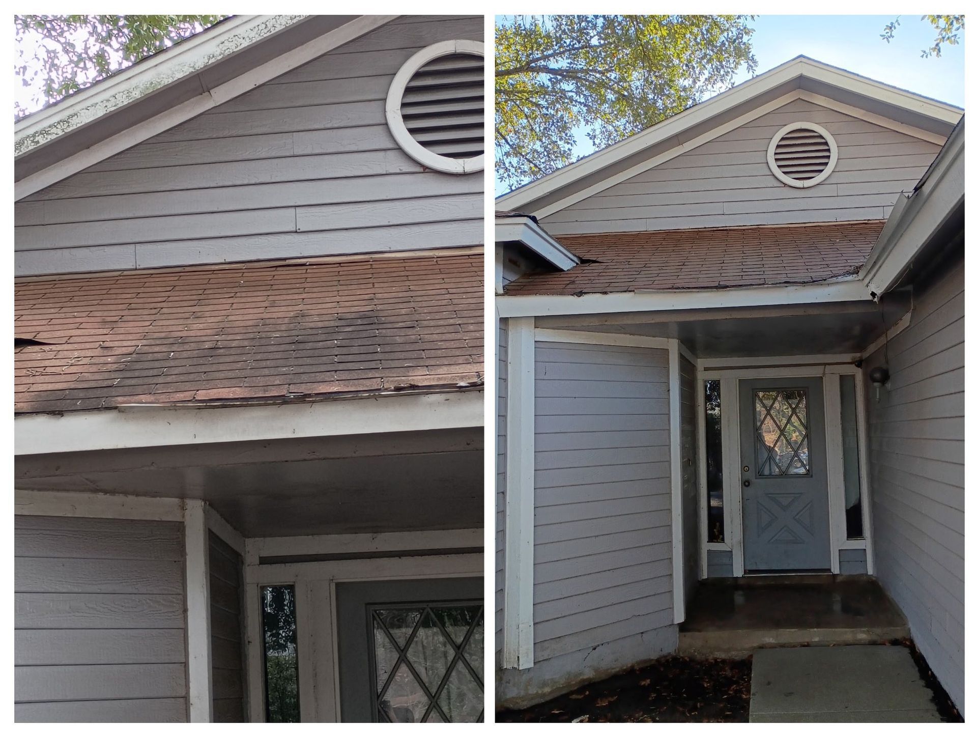 A split-view image showing a house entrance with gray horizontal siding, a circular gable vent, and worn roof shingles.