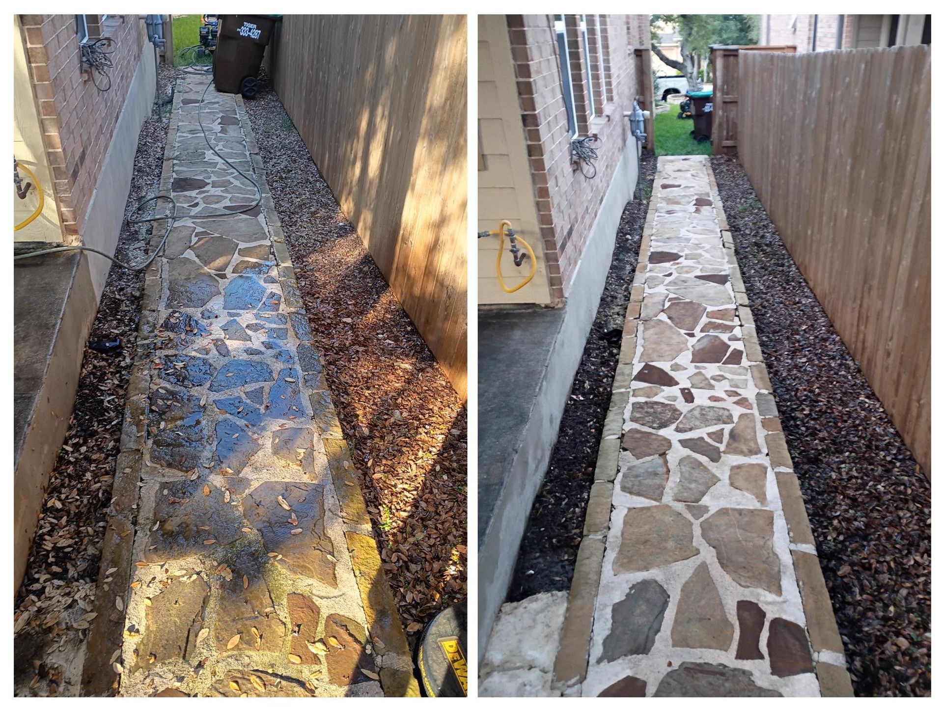 Before and after view of a narrow flagstone path between a house and wooden fence, showing a deep clean of the stones.