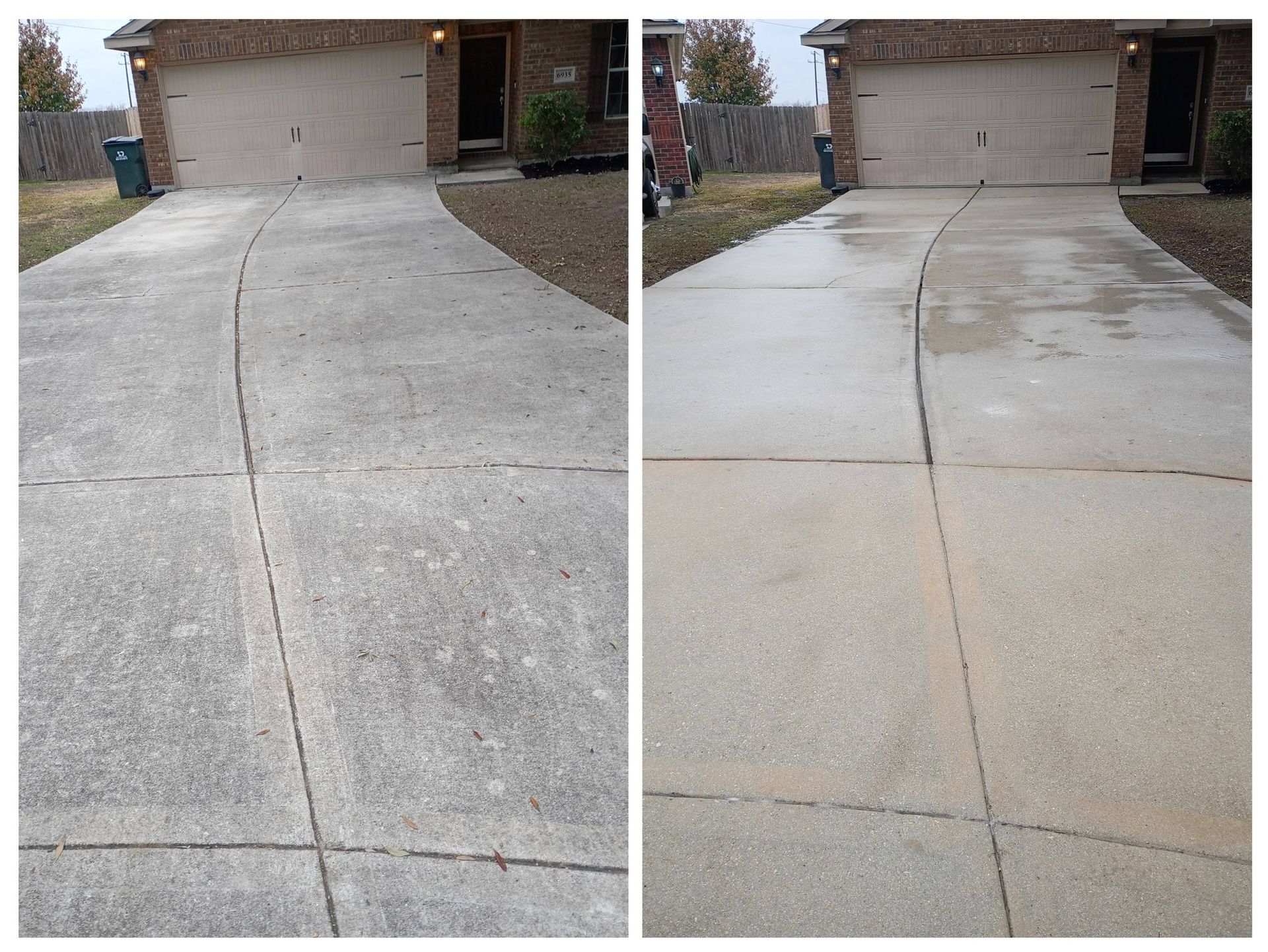 A split-screen comparison of a residential concrete driveway, showing a dirty surface on the left and a clean one on the right.