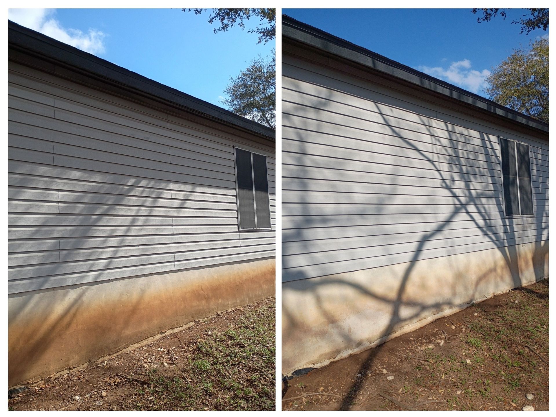 Before and after comparison of house siding showing the removal of orange dirt staining from the foundation.