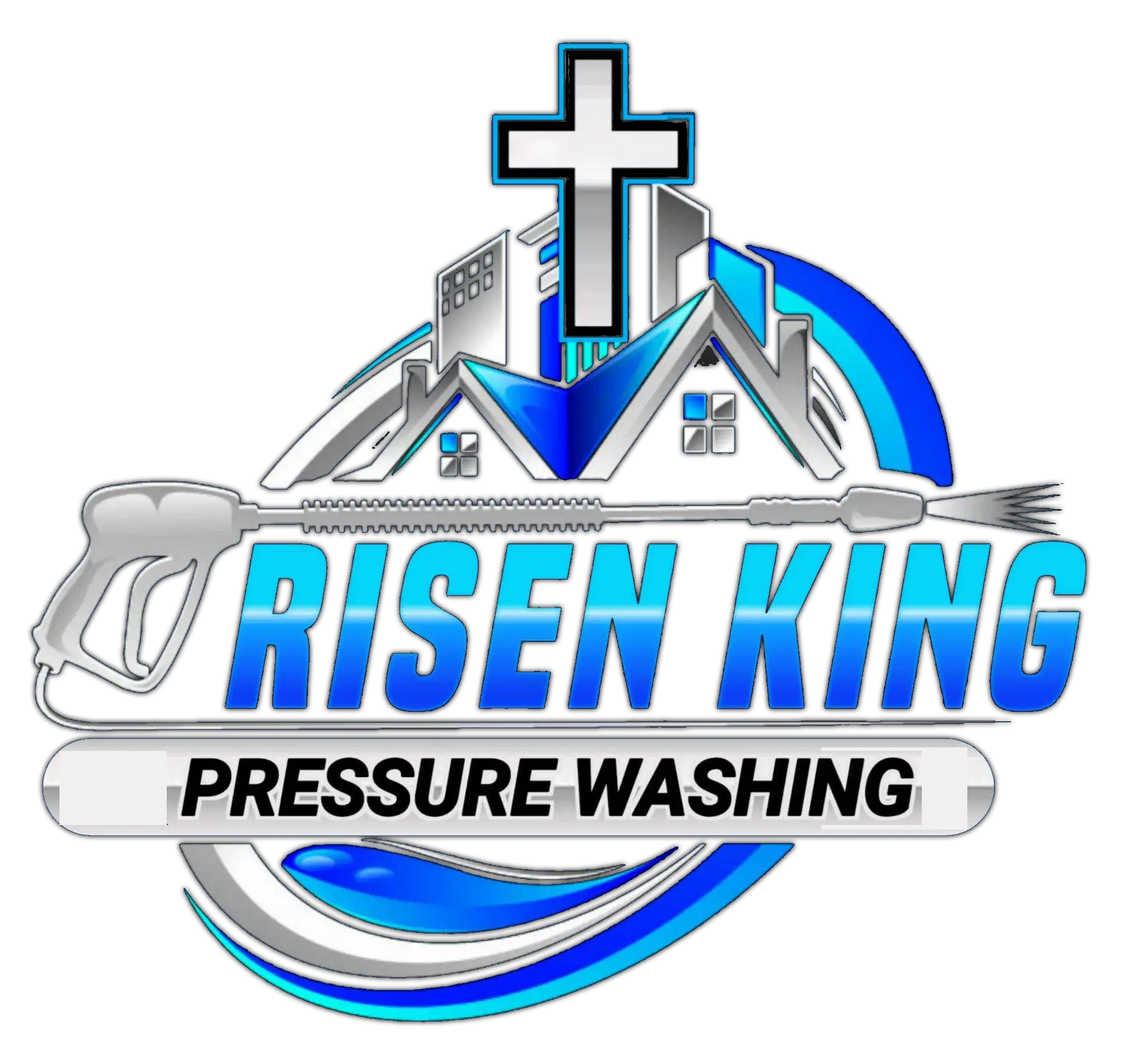 Logo for Risen King Pressure Washing featuring a cross, house silhouettes, and a pressure washer wand in blue and silver.