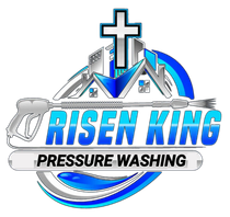 Logo for Risen King Pressure Washing featuring a cross, house silhouettes, and a pressure washer wand in blue and silver.