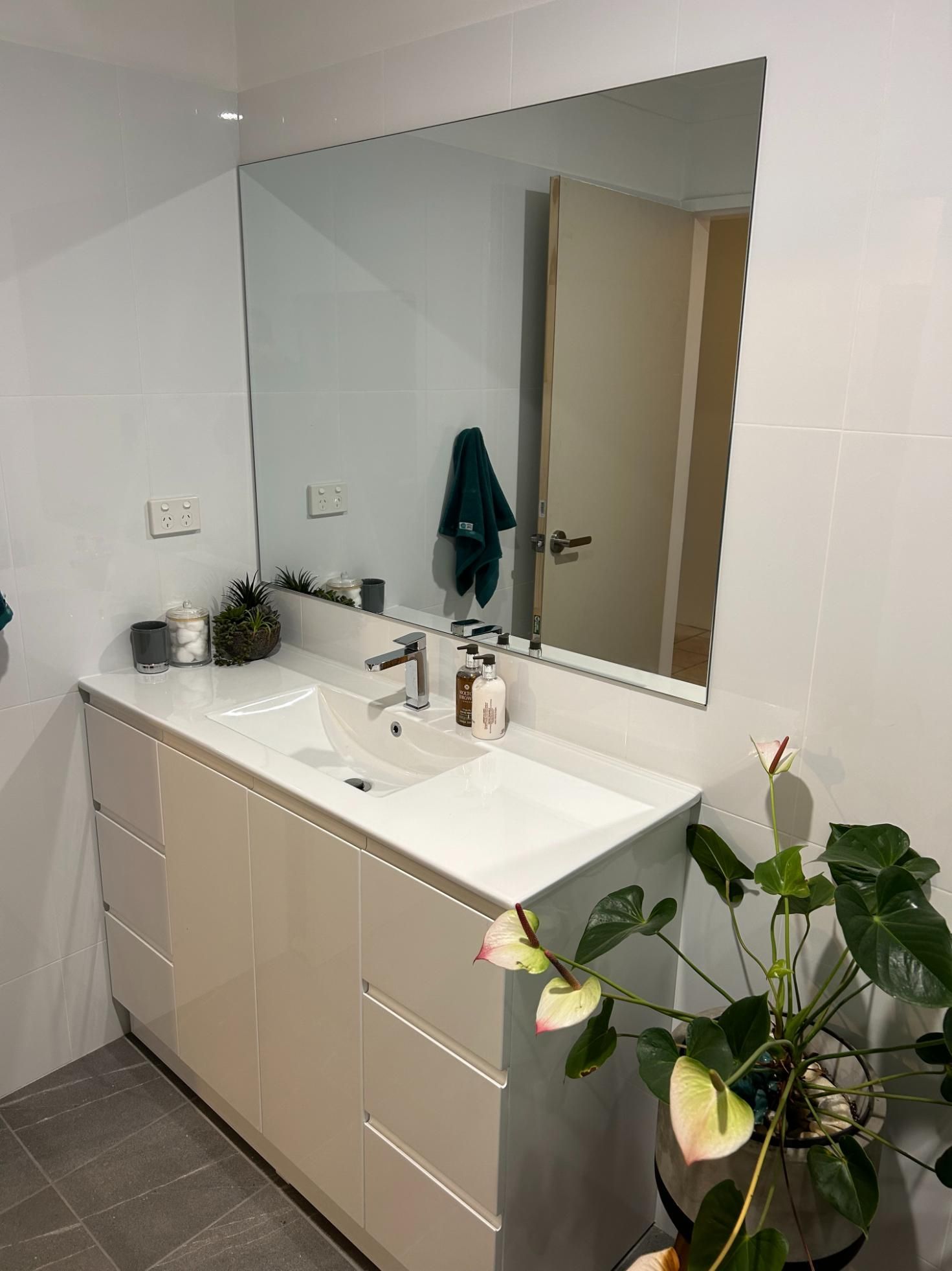 A Bathroom With a Sink , Mirror and Plant — BK Build Group in Coffs Harbour, NSW