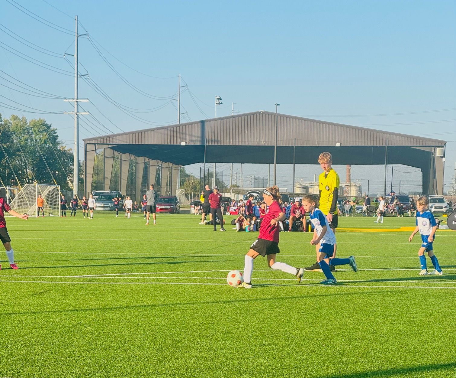 A group of children are playing soccer on a field.