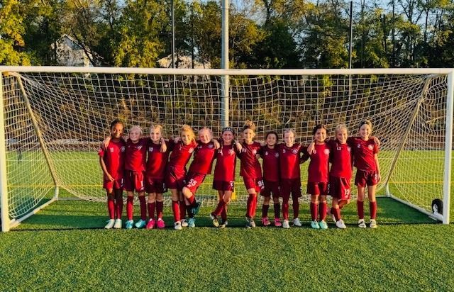 A group of young girls are posing for a picture in front of a soccer goal.