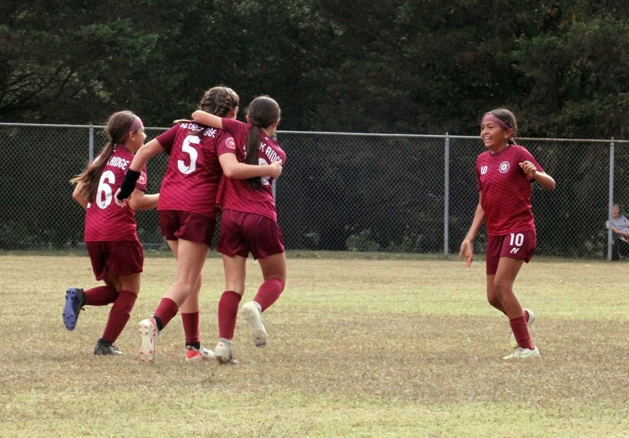 A group of young girls are playing soccer on a field.