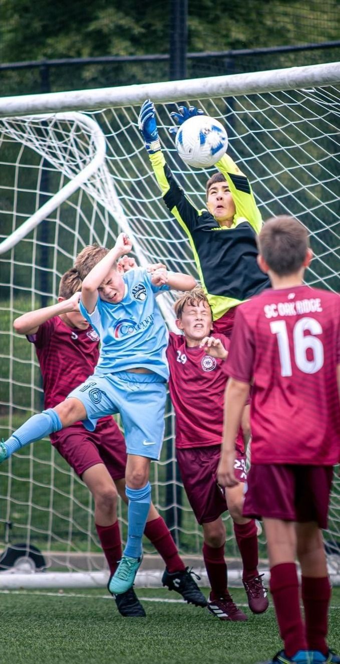 A group of young boys are playing soccer on a field.