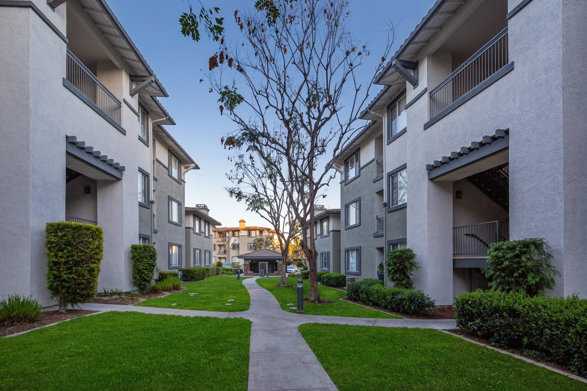 Exterior view of a multi-building apartment community with a central grassy courtyard and walkways.