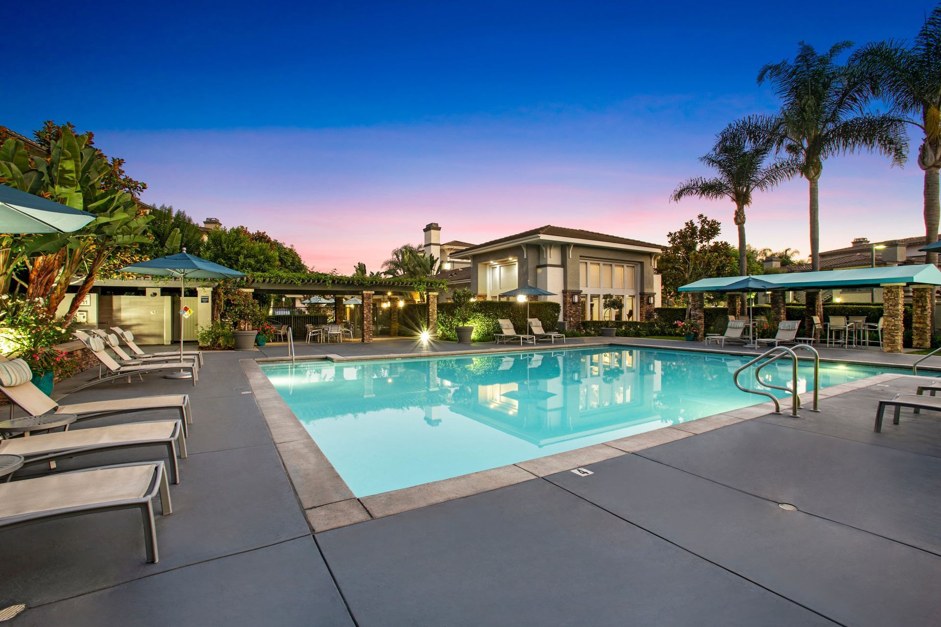Outdoor community pool area with lounge chairs, umbrellas, and palm trees.