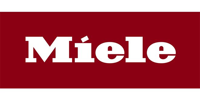 Miele-Logo auf dunkelrotem Hintergrund. Weißer Text