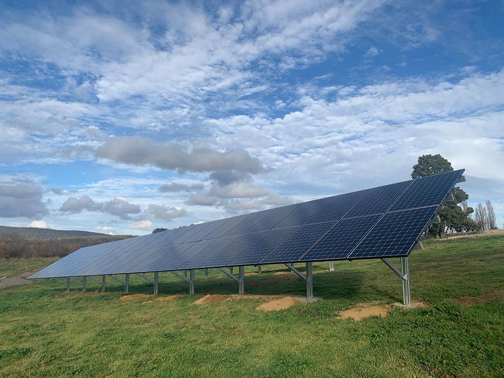 A Row Of Solar Panels On Top Of A Lush Green Field — Goulburn Solar In Goulburn, NSW
