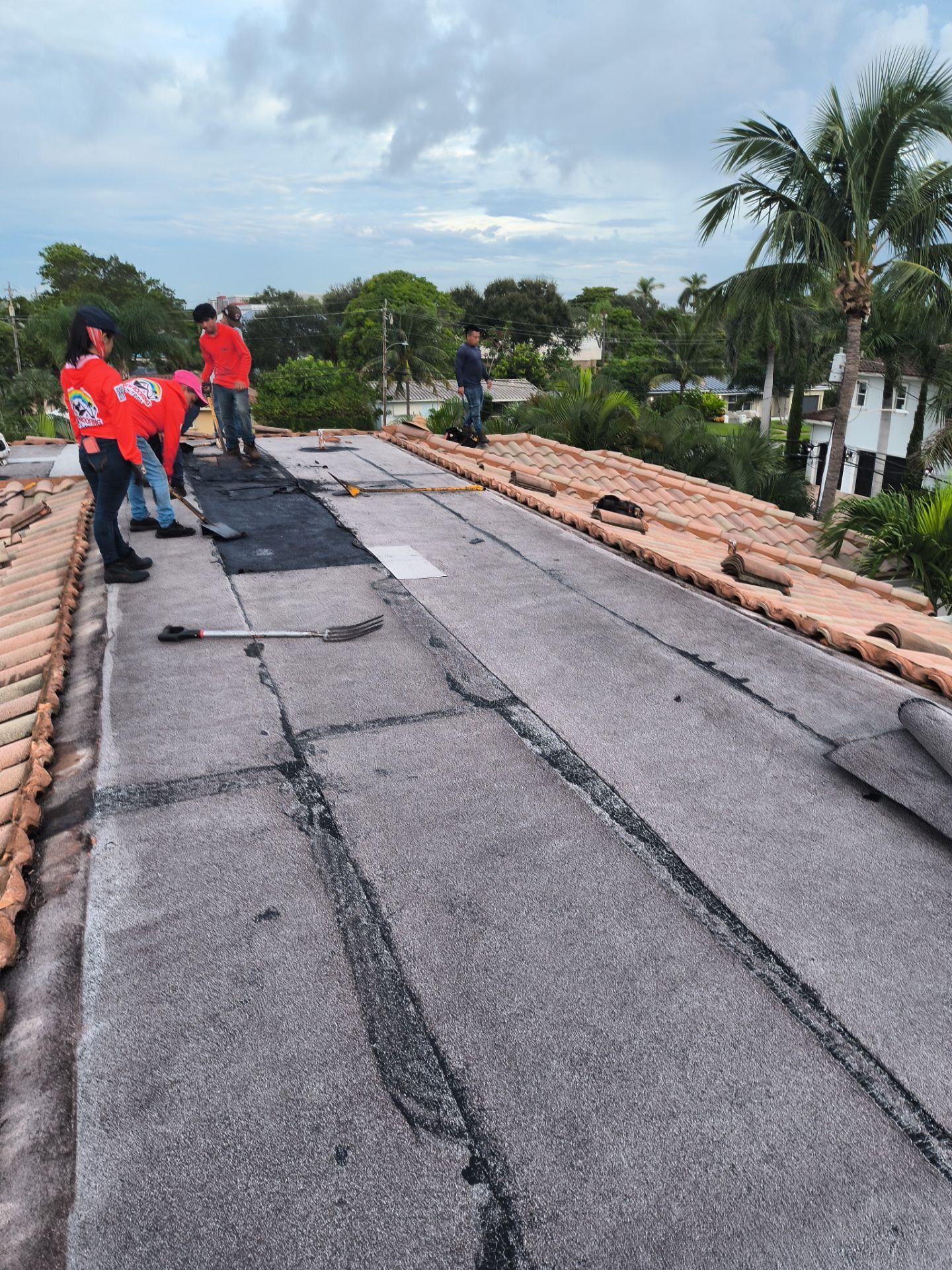 Roofers in red shirts working on a flat roof with cracked asphalt, surrounded by tile and foliage.