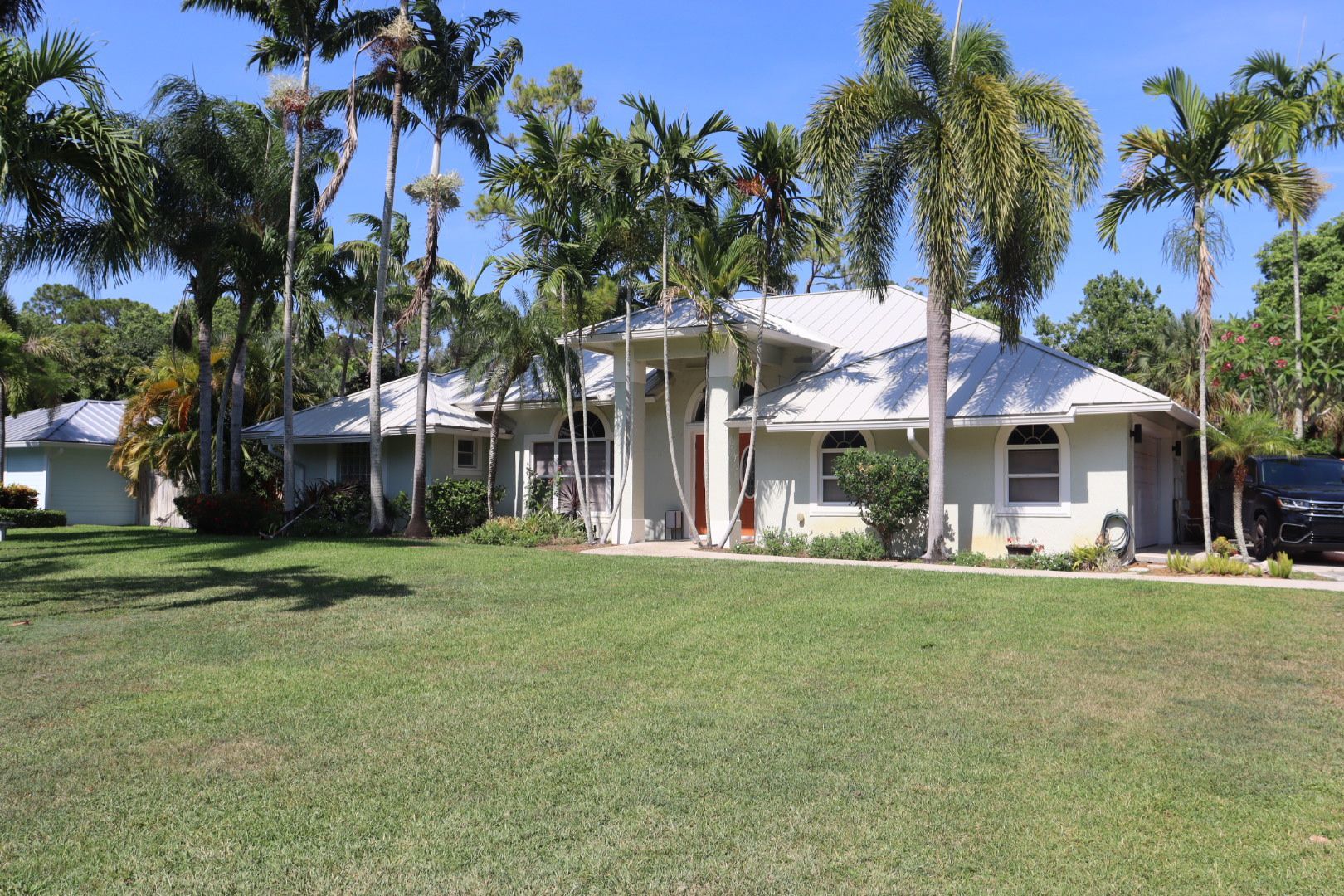 White house with palm trees on a grassy lawn under a blue sky.