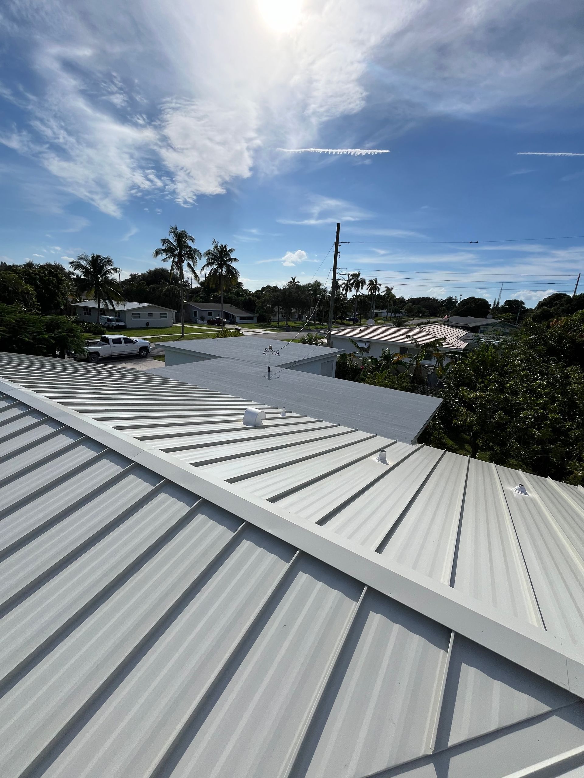 View from a metal roof of a sunny street with palm trees and houses under a blue sky.