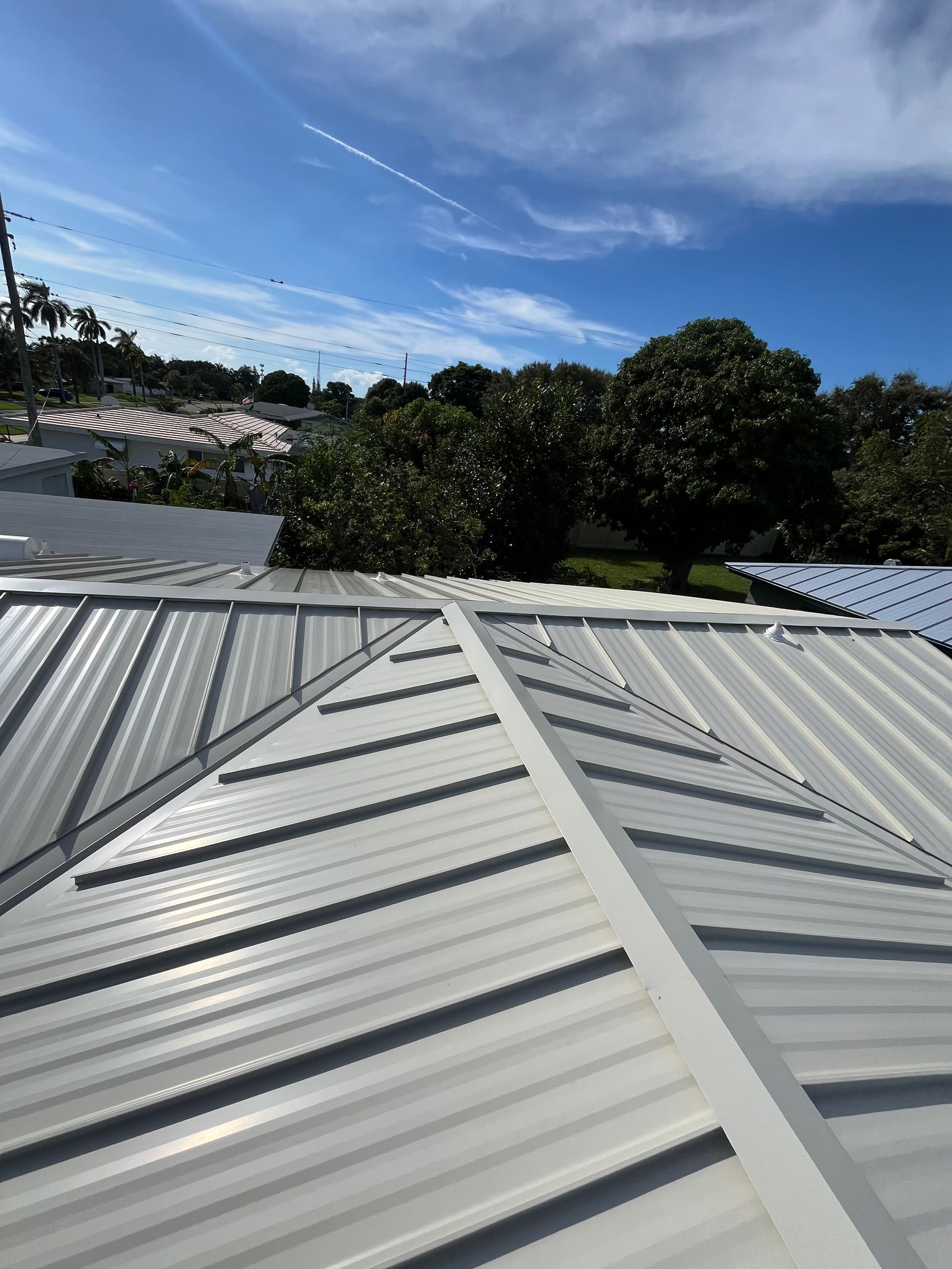 Metal roof with white panels, blue sky, trees in background.