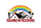 Rainbow Roofing logo with rainbow, rooftops, sun, palm trees, and worker silhouette.
